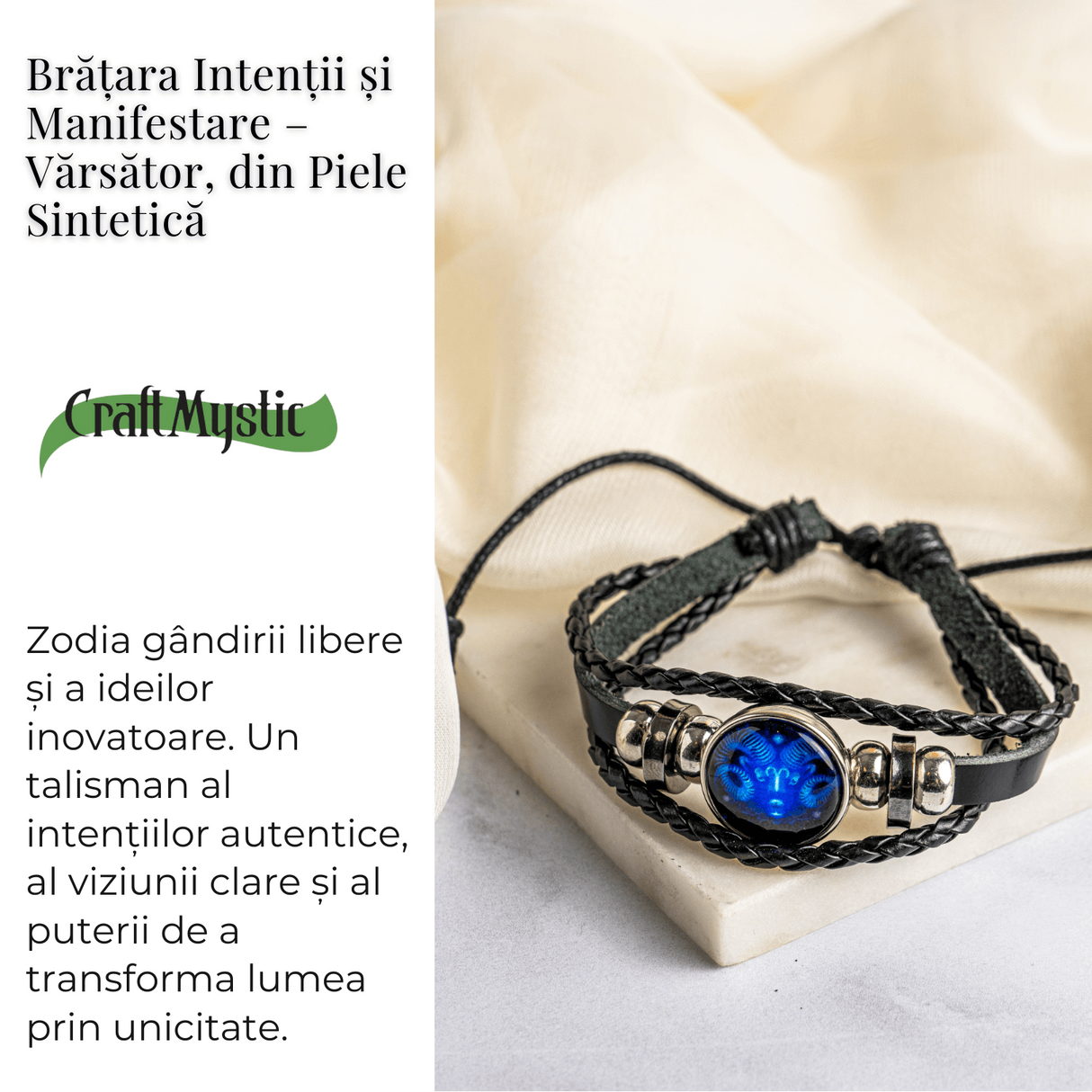 Bratara Zodia Berbec ajustabila din Piele Sintetica cu Cabochon Rotund - Simbol Astrologic Personalizat pentru Energie si Identitate Astrala
