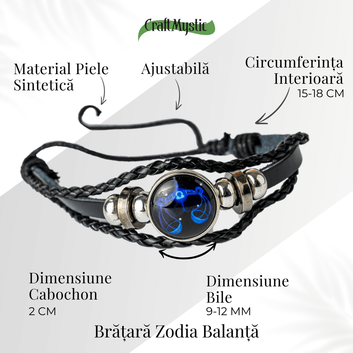 Bratara Zodia Berbec ajustabila din Piele Sintetica cu Cabochon Rotund - Simbol Astrologic Personalizat pentru Energie si Identitate Astrala