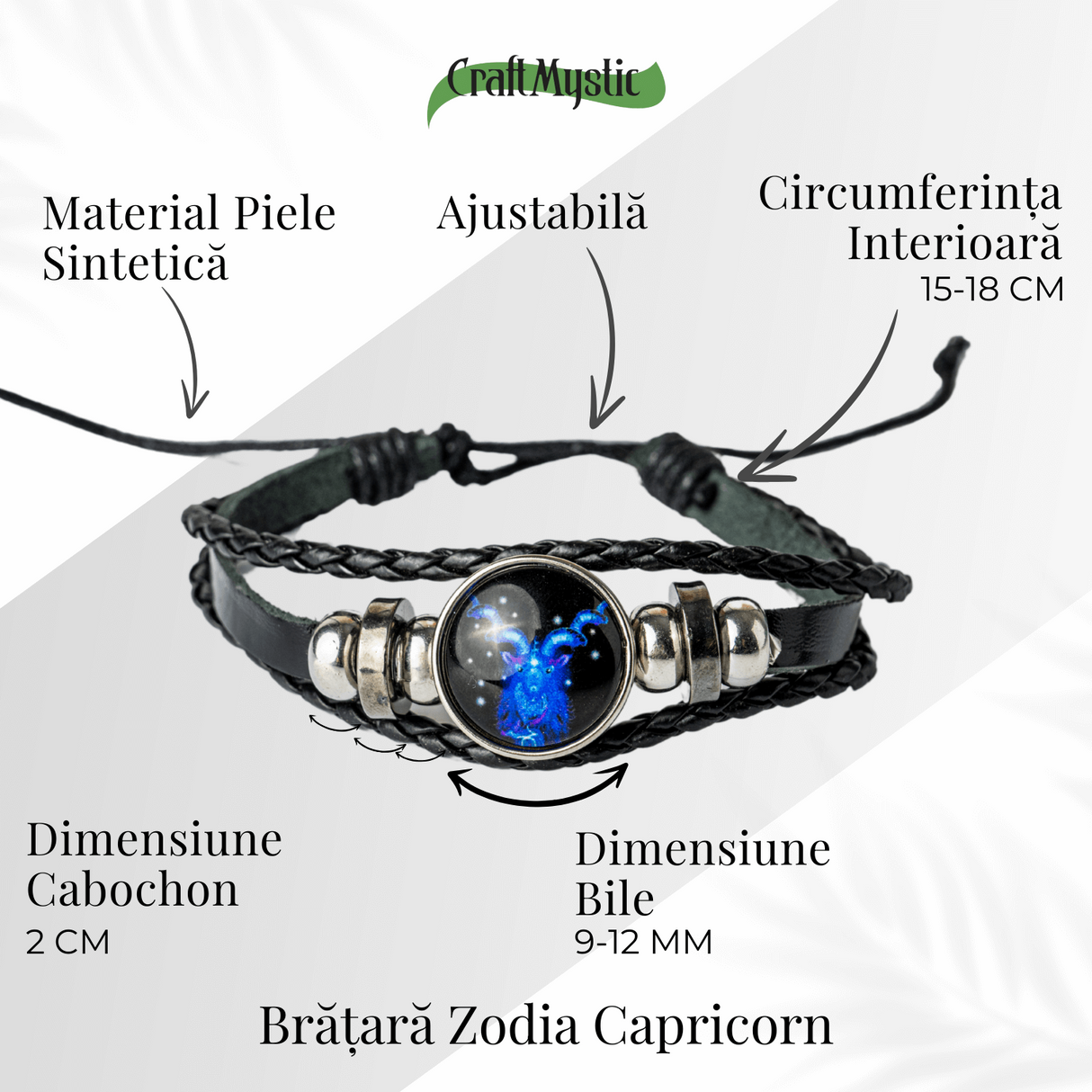 Bratara Zodia Berbec ajustabila din Piele Sintetica cu Cabochon Rotund - Simbol Astrologic Personalizat pentru Energie si Identitate Astrala
