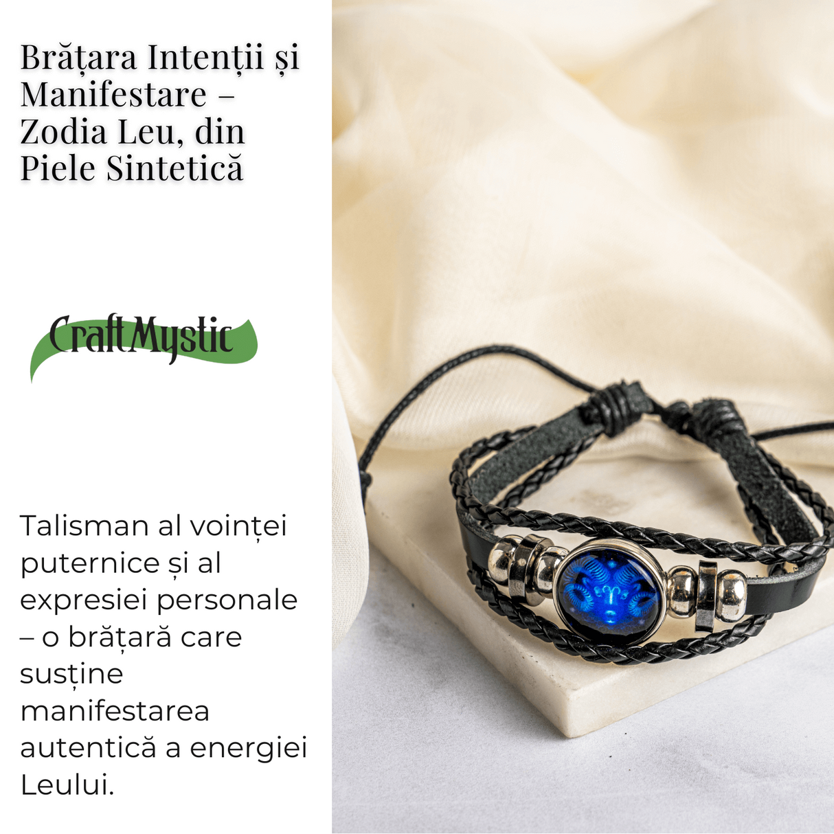 Bratara Zodia Berbec ajustabila din Piele Sintetica cu Cabochon Rotund - Simbol Astrologic Personalizat pentru Energie si Identitate Astrala