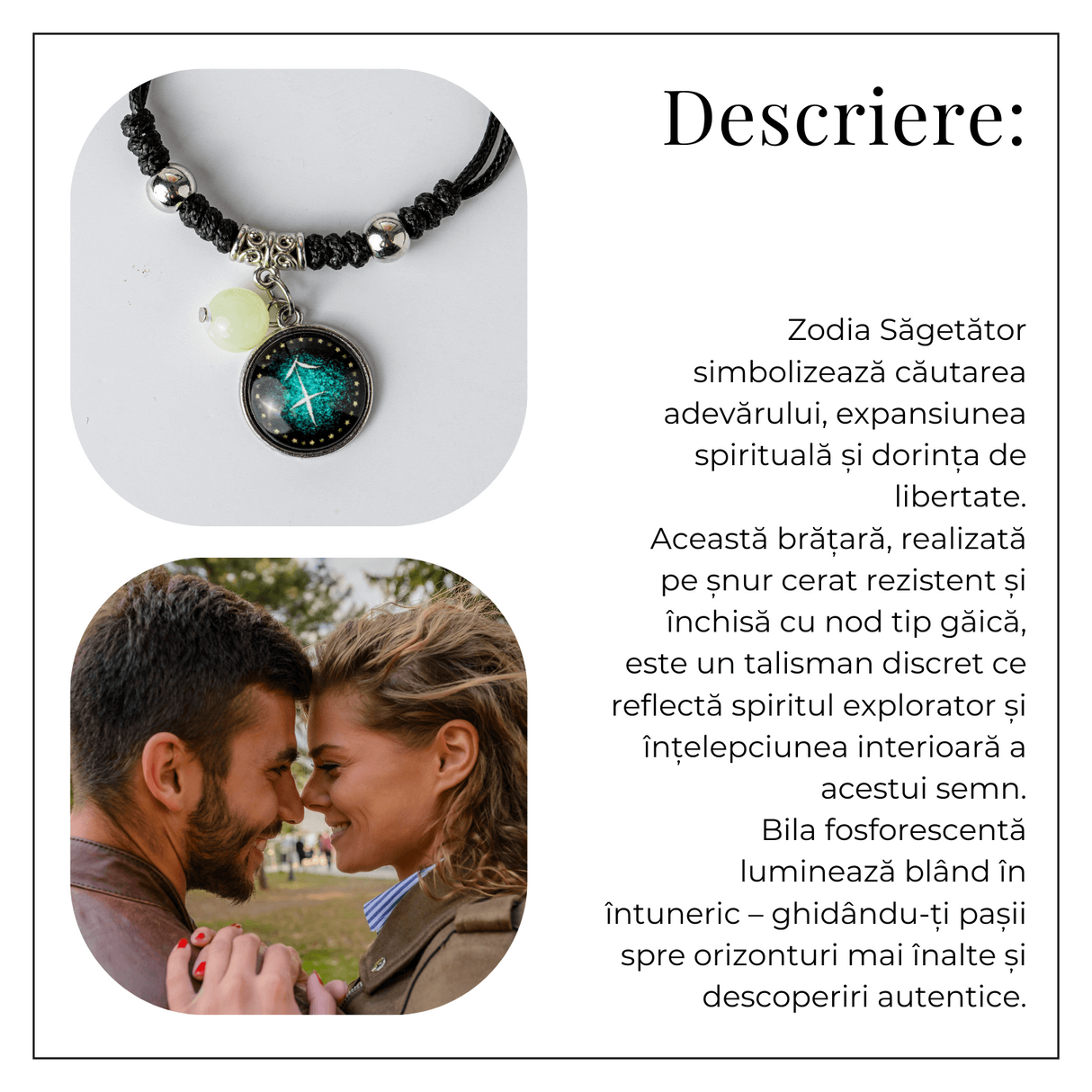 Bratara Zodiacala Ajustabila din Sfoara Cerata si Piele Sintetica - Cabochon Rotund cu Semn Zodiacal si Bila Fosforescenta