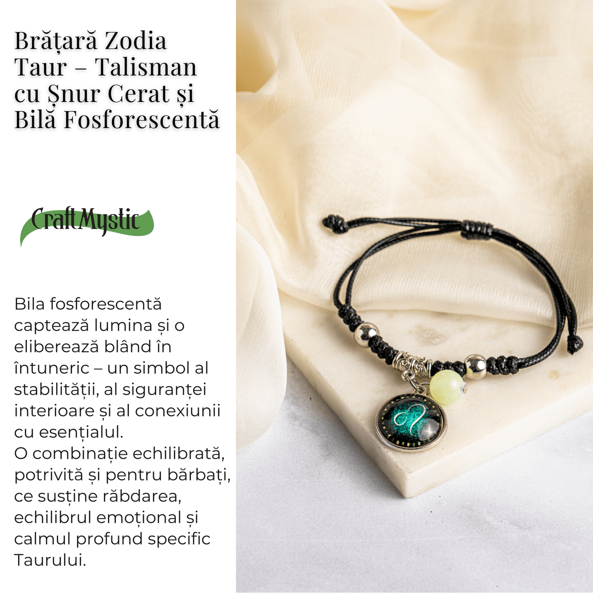 Bratara Zodiacala Ajustabila din Sfoara Cerata si Piele Sintetica - Cabochon Rotund cu Semn Zodiacal si Bila Fosforescenta