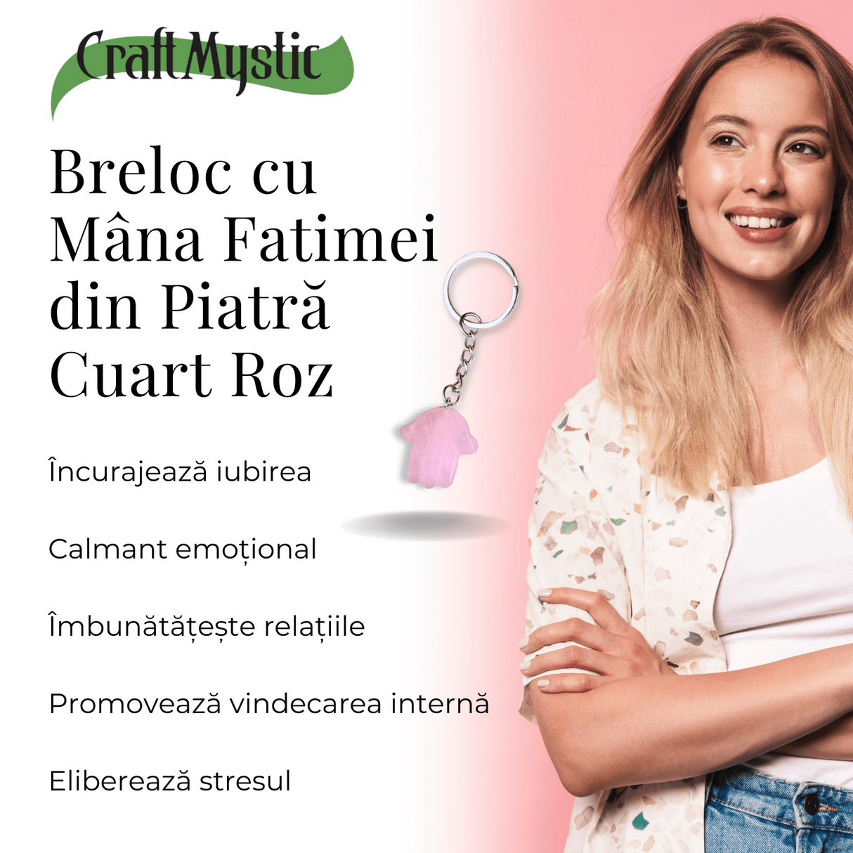 Breloc cu Mana Fatimei - Protectie, Noroc si Energie Pozitiva - Cuart Roz