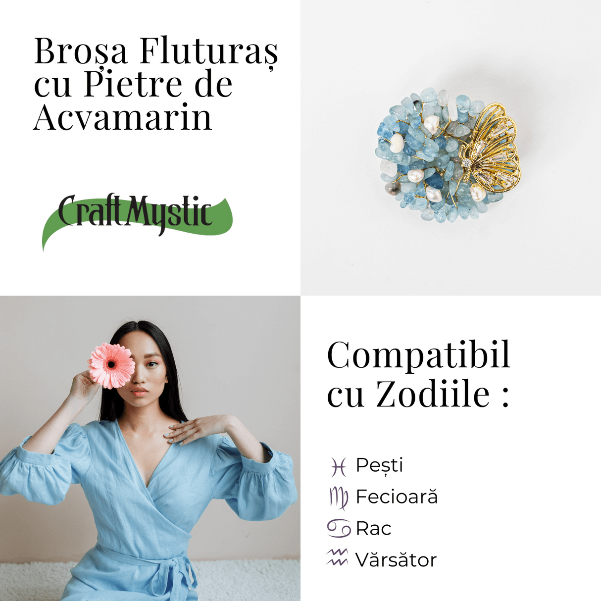 Brosa Fluture din Aliaj si Pietre Naturale de Acvamarin - Simbol al Linistii si Claritatii