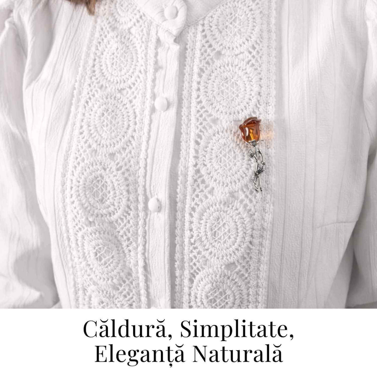 Brosa din Argint 925 cu Chihlimbar Natural rosu - Trandafir al Luminii Calde