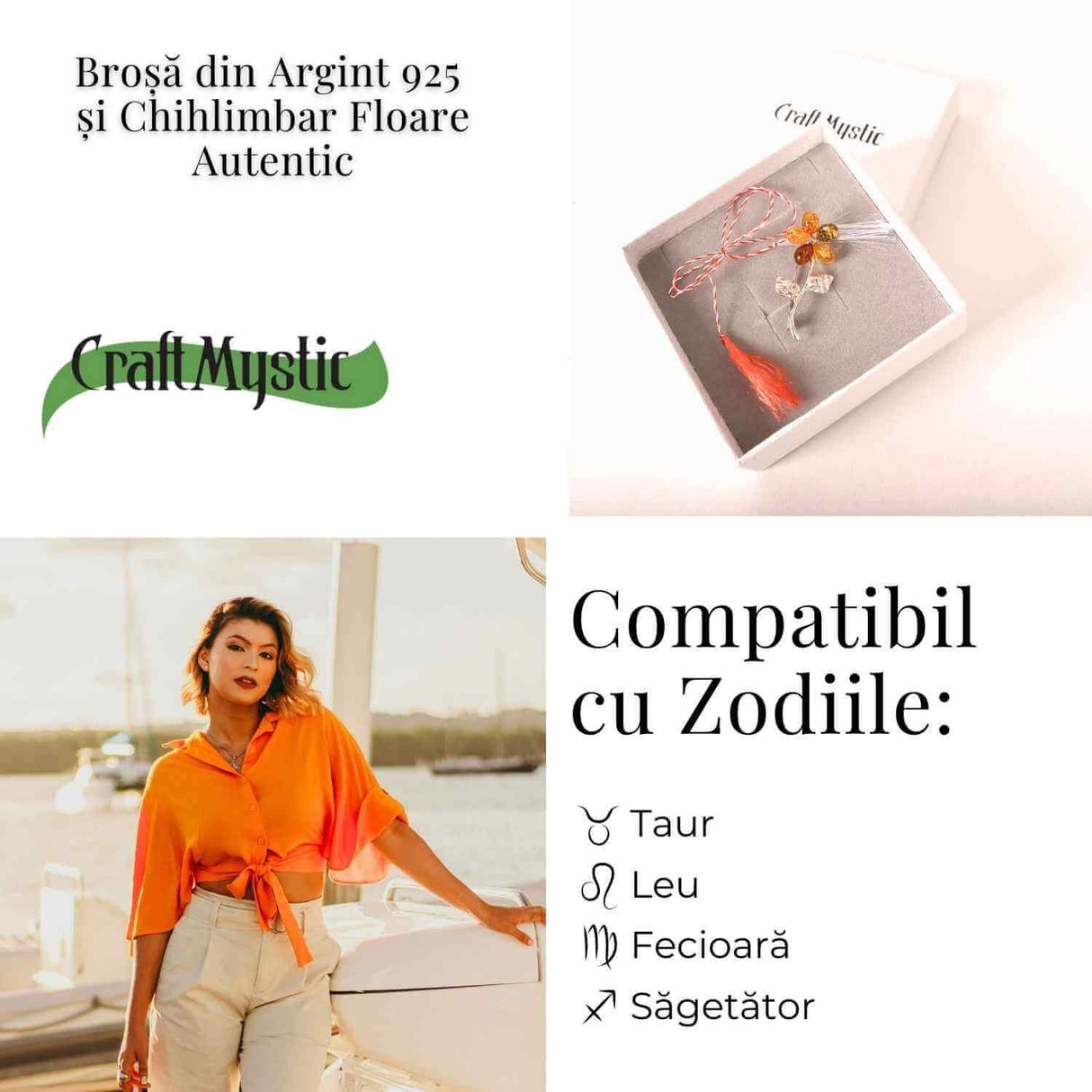 Brosa floare din chihlimbar si argint 925, pentru o nota calda la tinuta