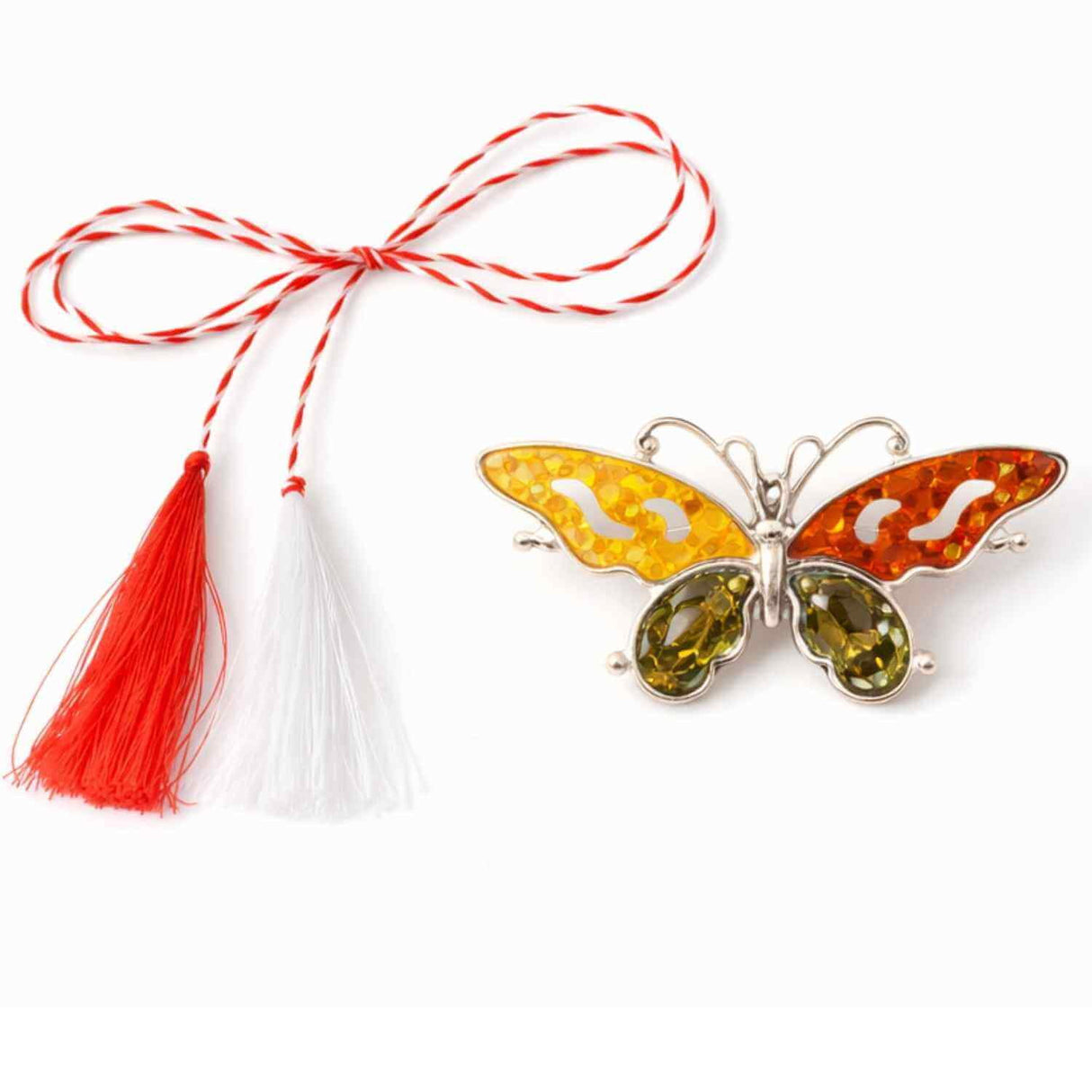 Brosa din chihlimbar forma de fluture multicolor si argint 925 - un accent cald de rafinament