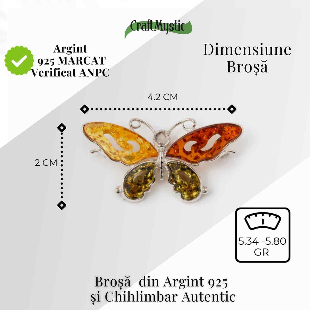 Brosa din chihlimbar forma de fluture multicolor si argint 925 - un accent cald de rafinament