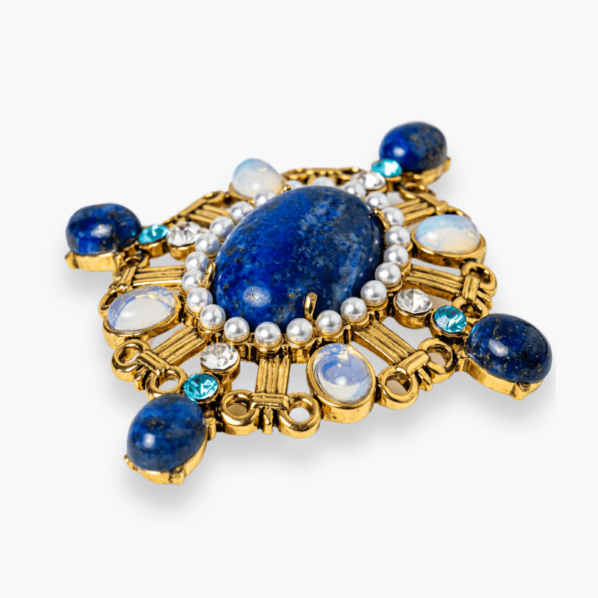 Brosa Lapis Lazuli cu Pietre de Opal si Perle Sintetice - Echilibru si Rafinament