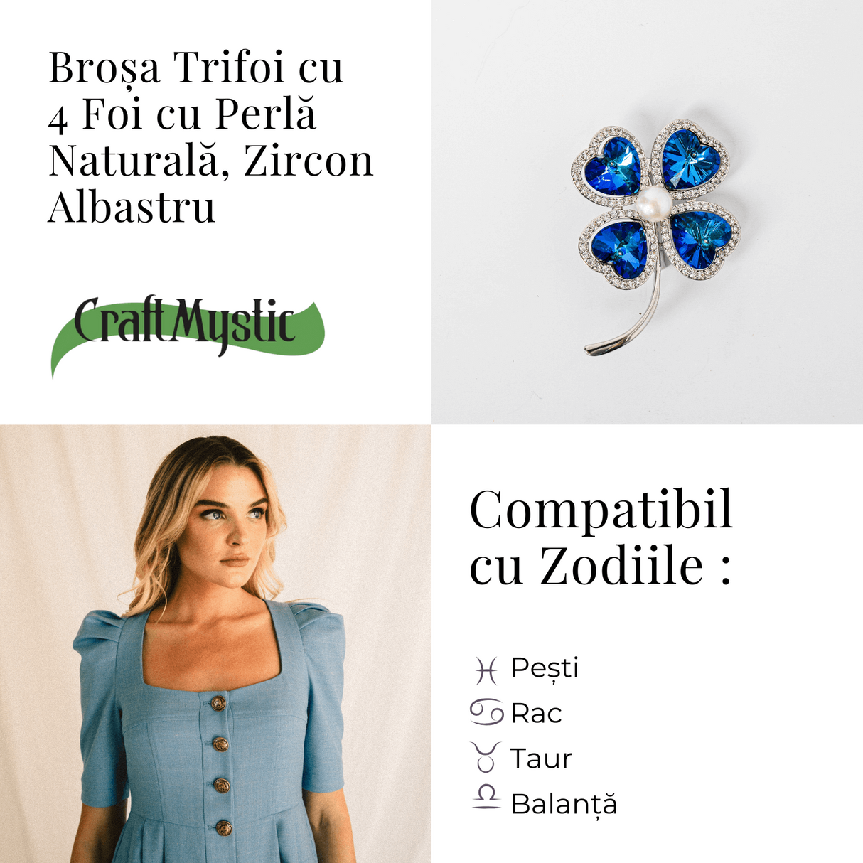 Brosa Trifoi cu 4 Foi cu Perla Naturala si Zircon Albastru - Simbol al Norocului si Elegantei