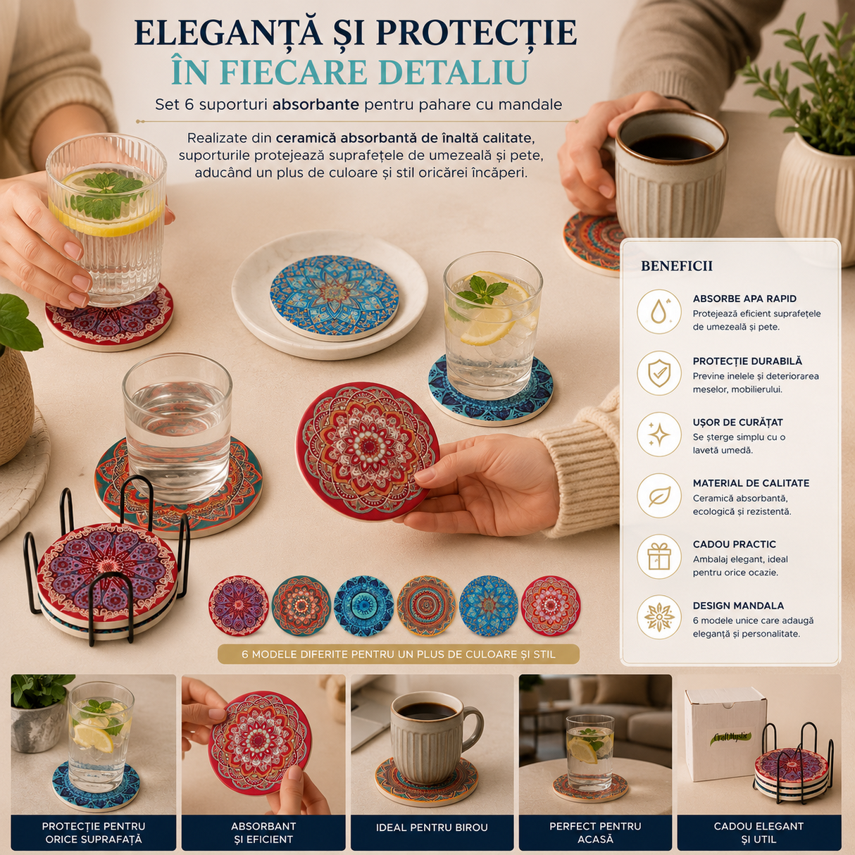 Set 6 Suporturi Ceramica pentru Pahare cu Mandale Colorate – Protectie si Eleganta pentru Masa Ta