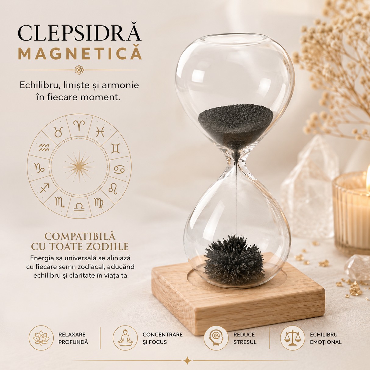 Clepsidra Magnetica cu Particule Metalice si Suport din Lemn – Relaxare si Focus