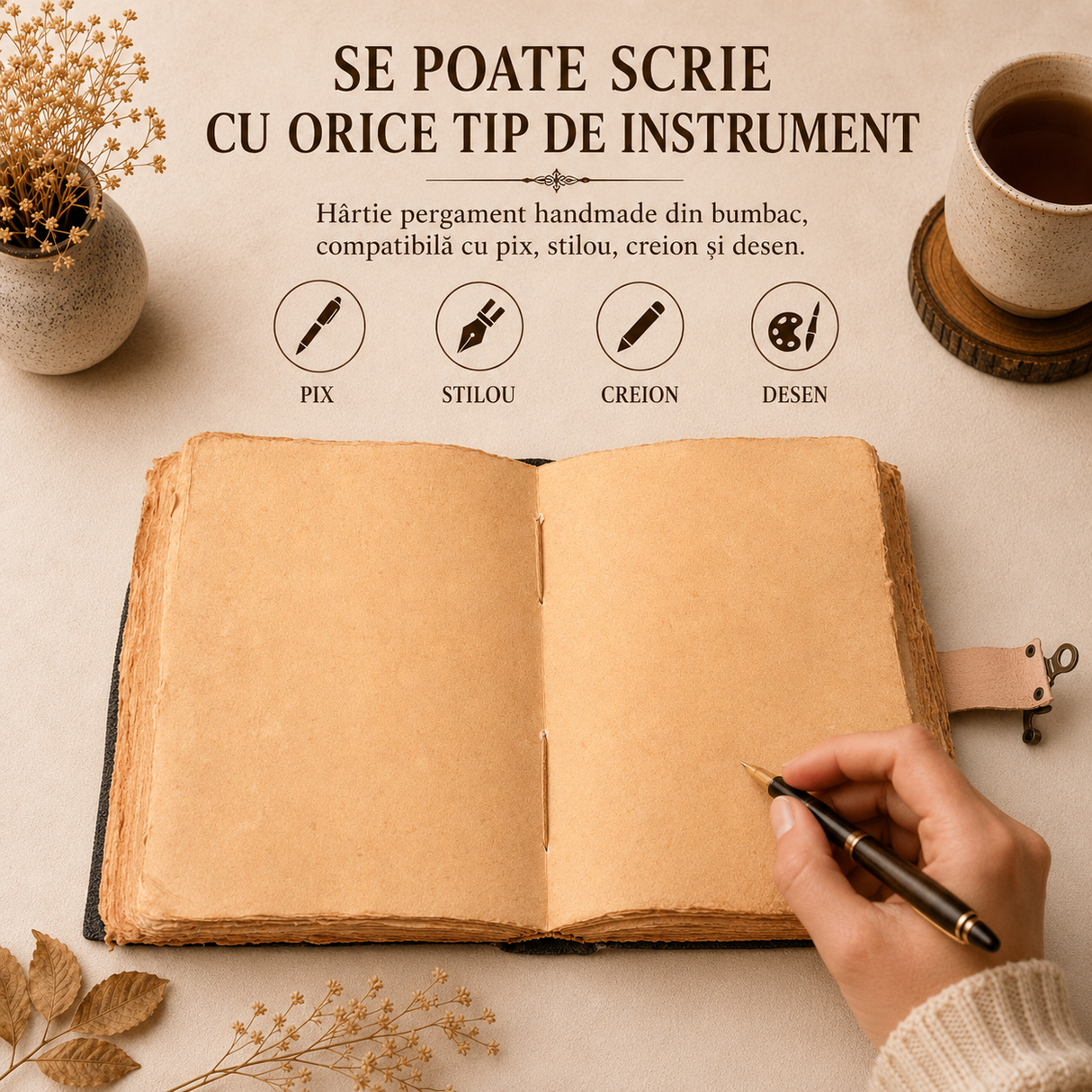Jurnal din piele naturală cu Lapis Lazuli, deschis