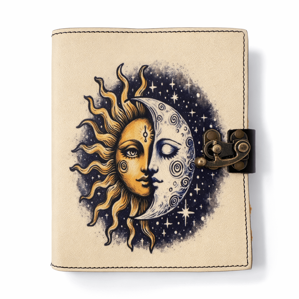 Jurnal Vintage din Piele Naturala si hartie de bumbac galbena 18x13 cm – Soare si Luna