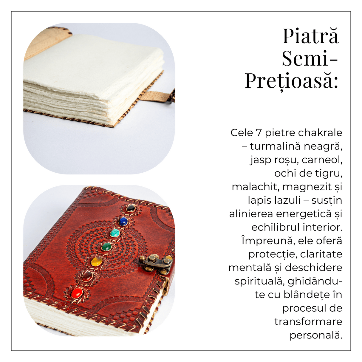 Calatorie interioara in stil vintage – Jurnal din piele naturala cu pietre pentru 7 chakre si hartie de bumbac alba