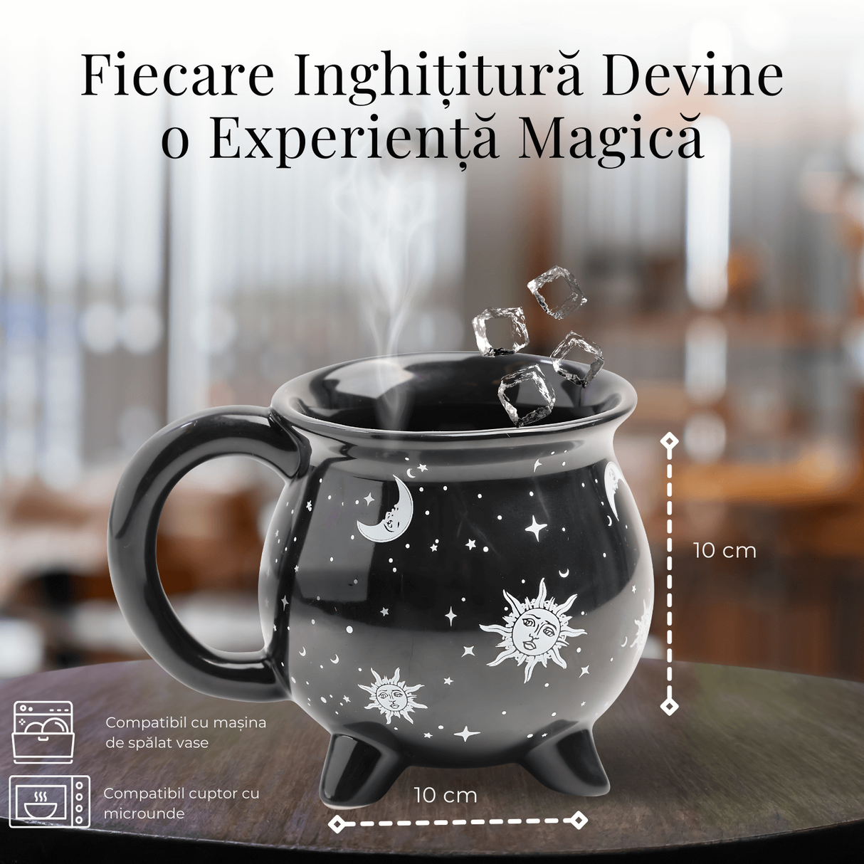 Cana din Ceramica in Forma de Ceaun cu Design Soare si Luna - Cadou Inedit pentru Iubitorii de Magie si Mister