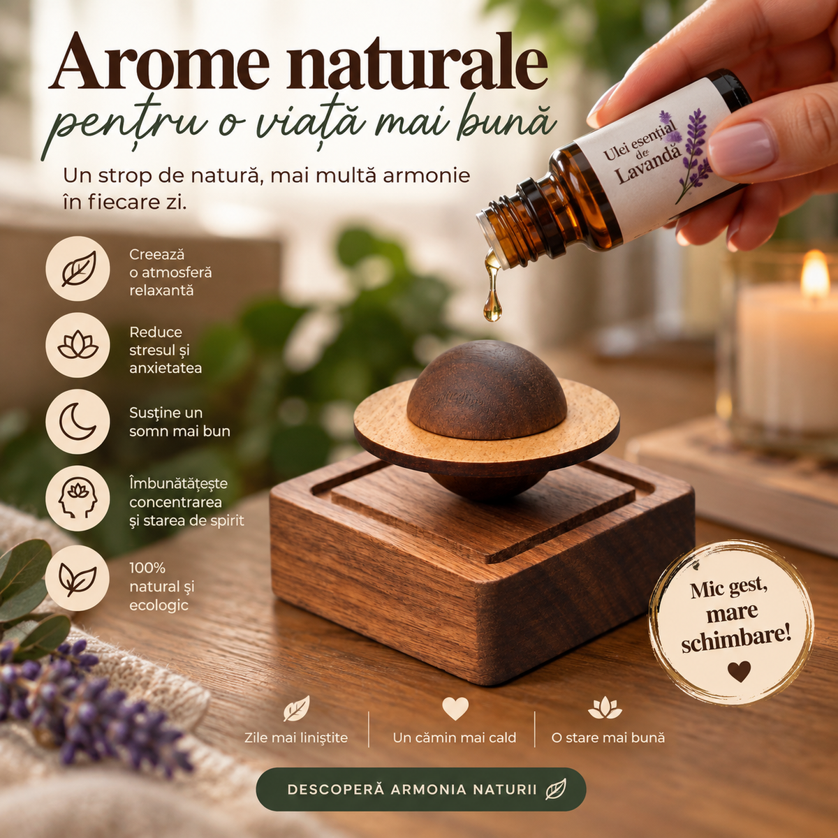 Difuzor aromaterapie din lemn cu sferă magnetică pentru uleiuri