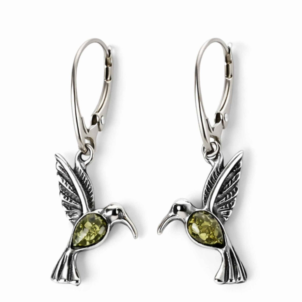 Cercei Argint 925 Colibri cu Chihlimbar Verde - Energie, Bucurie si Libertate