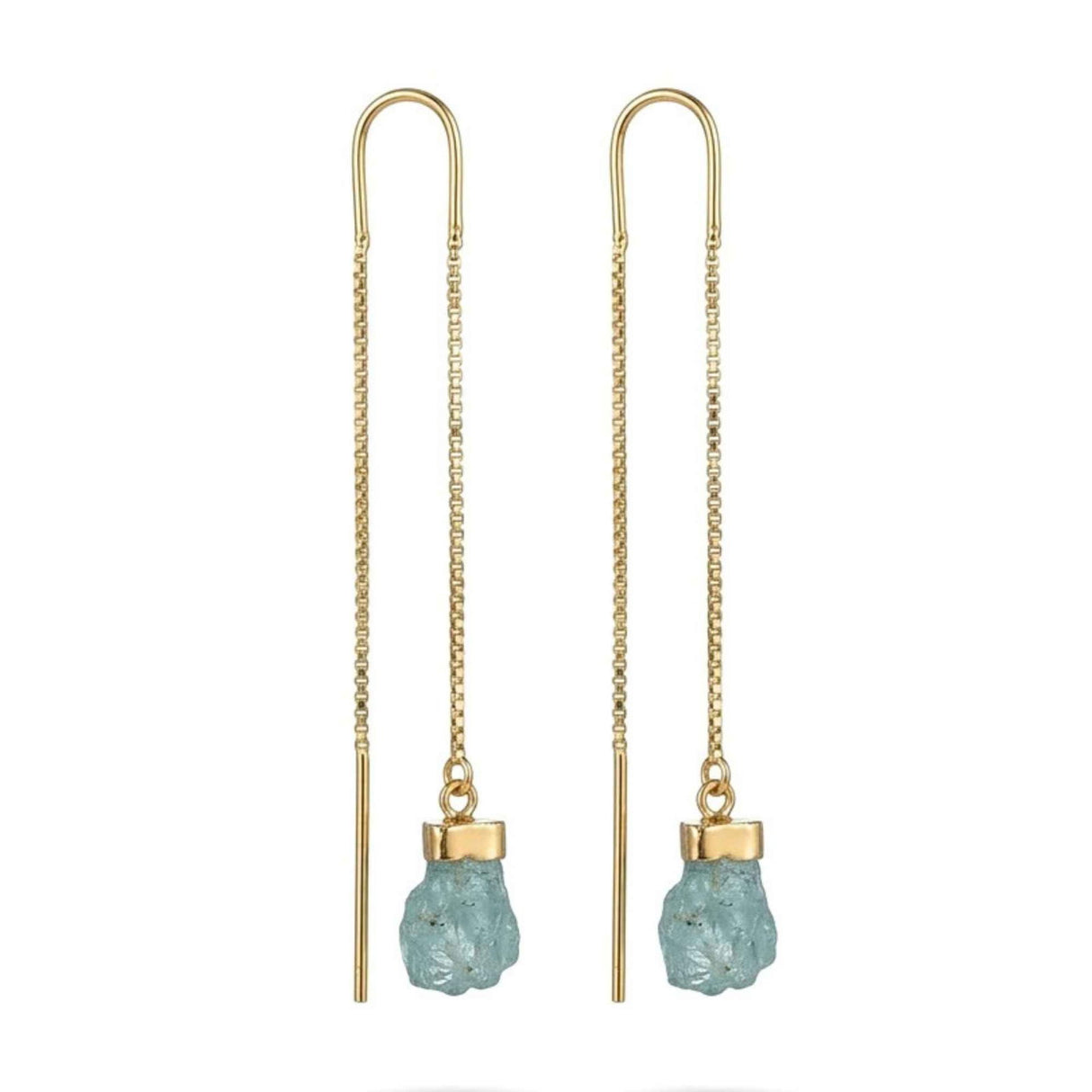 Cercei Argint 925 Placat cu Aur 18K cu Acvamarin Brut si Lant – Calm si Eleganta Naturala
