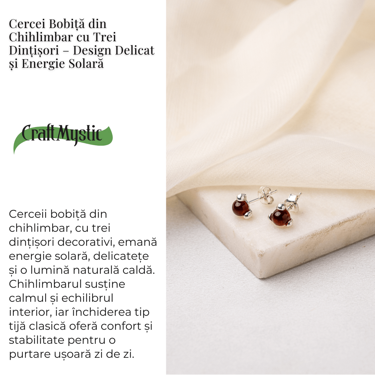 Cercei Argint 925 cu Chihlimbar rosu inchis Natural Rotund - Energie Solara, Delicatete si Protectie