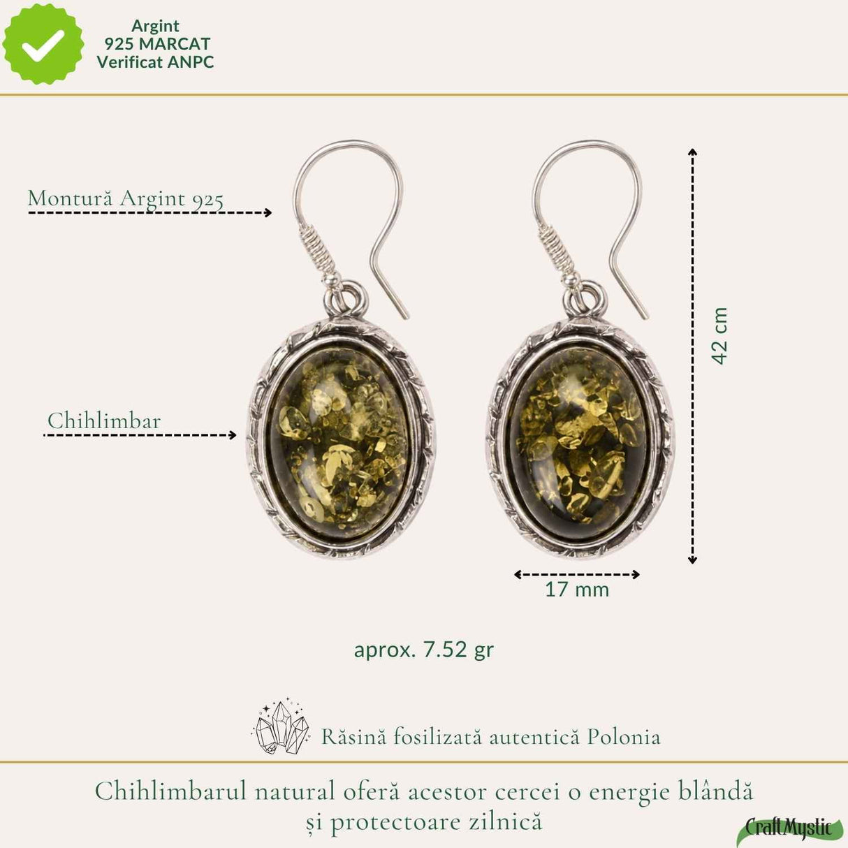 Cercei Argint 925 cu Chihlimbar Verde Oval – Echilibru si Eleganta Naturala