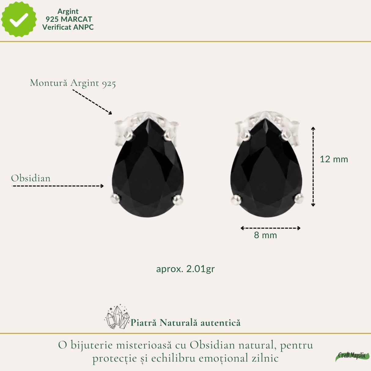 Cercei Argint 925 cu Obsidian Natural in Forma de Lacrima – Protectie si Eleganta