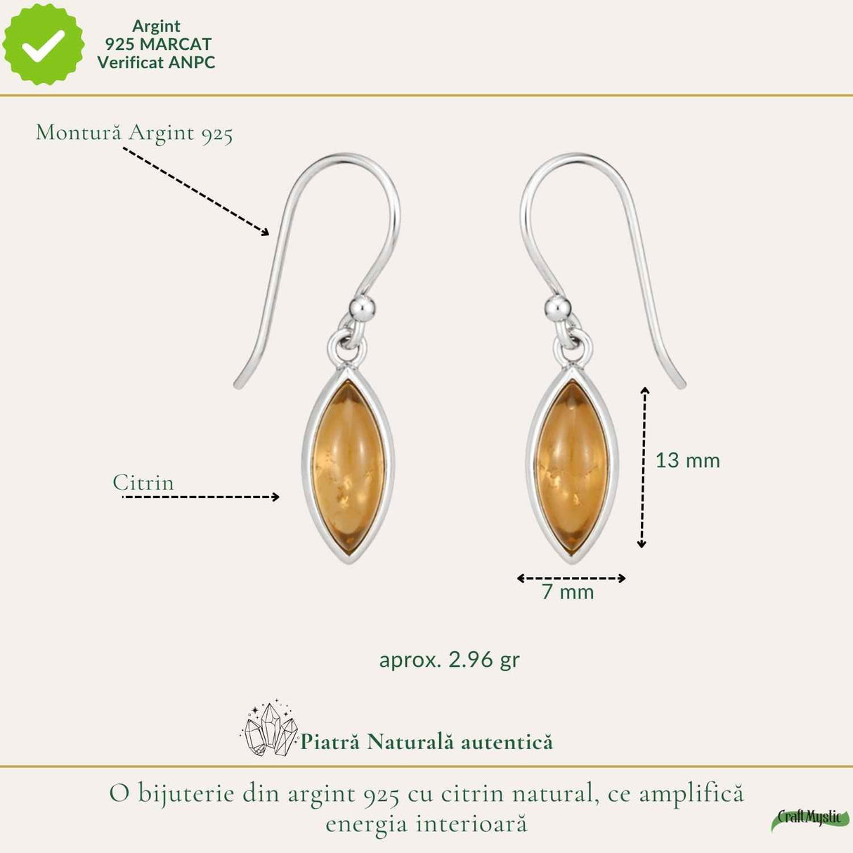 Cercei Argint 925 cu Citrin Delica – Energie Pozitiva si Feminitate