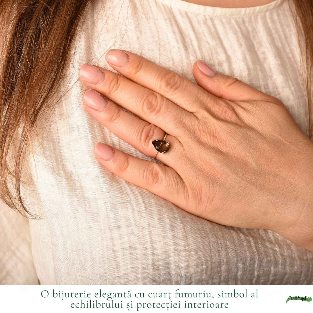 Inel Argint 925 cu Cuart Fumuriu Fatetat Lacrima – Echilibru si Claritate