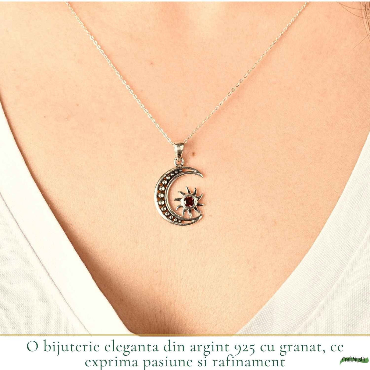 Colier Argint 925 cu Granat Soare si Luna – Energie si Echilibru Interior