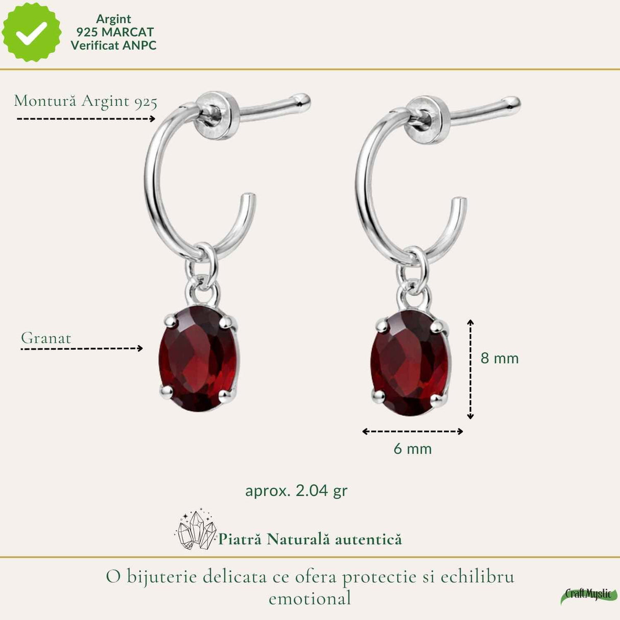 Cercei Argint 925 cu Granat Oval – Energie, Pasiune si Stabilitate
