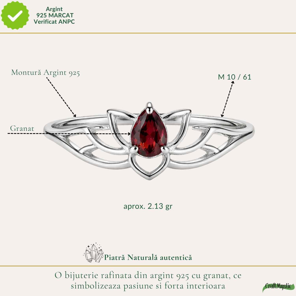 Inel Argint 925 cu Granat Lotus – Energie, Echilibru si Renastere