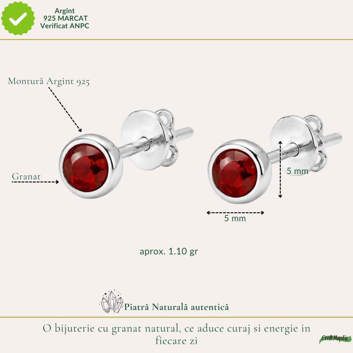 Cercei Argint 925 cu Granat Bobita – Energie, Stabilitate si Incredere