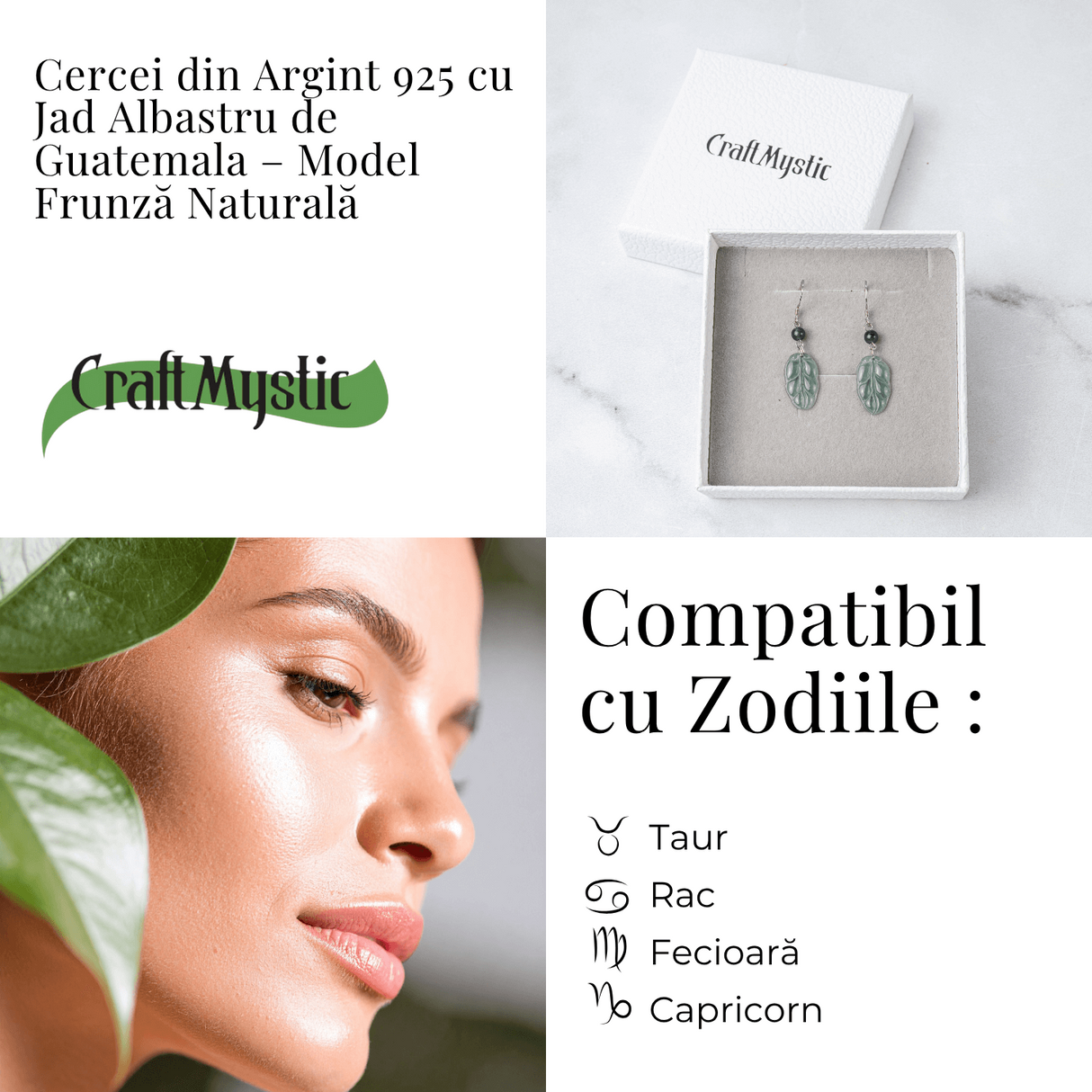 Cercei Argint 925 cu Jad Albastru Guatemala - Model Frunza Naturala pentru Puritate si Armonie Interioara