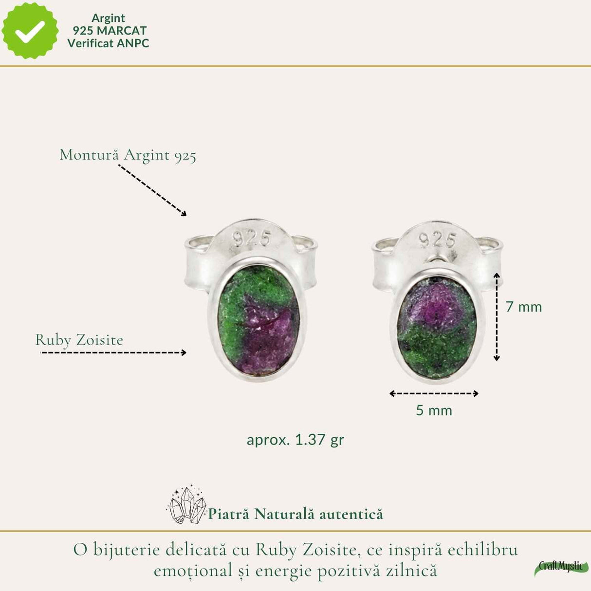 Cercei Argint 925 cu Ruby Zoisite Natural Oval – Energie si Echilibru Feminin