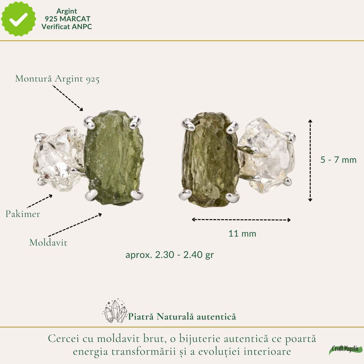 Cercei Argint 925 cu Moldavit si Pakimer Brut – Claritate si Transformare