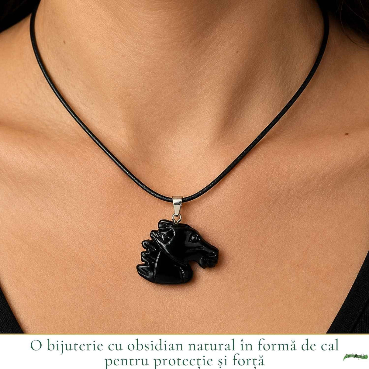 Colier cu Obsidian Natural in Forma de Cal – Protectie, Forta si incredere