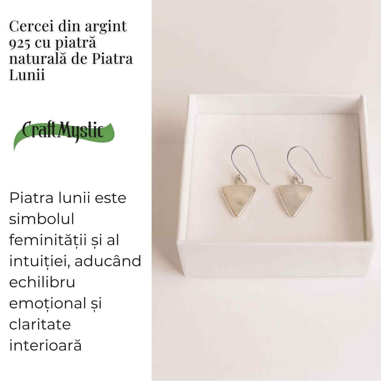Cercei Argint 925 cu Piatra Lunii Triunghi - Protectie si Ascensiune