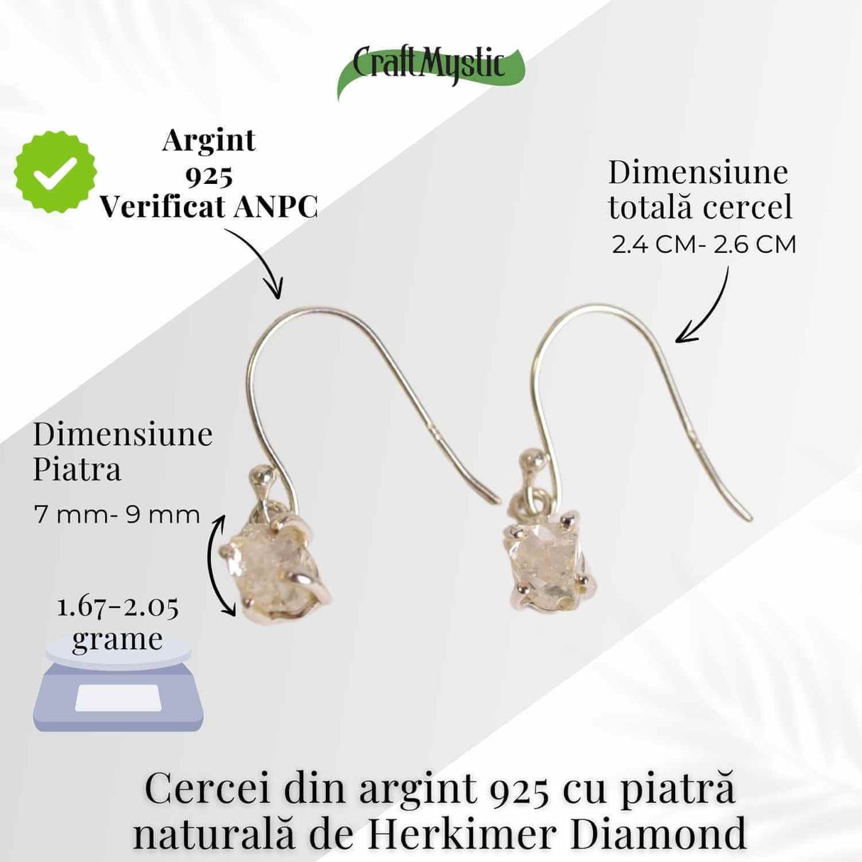 Cercei Argint 925 cu Herkimer Diamond Brut - Claritate si Protectie
