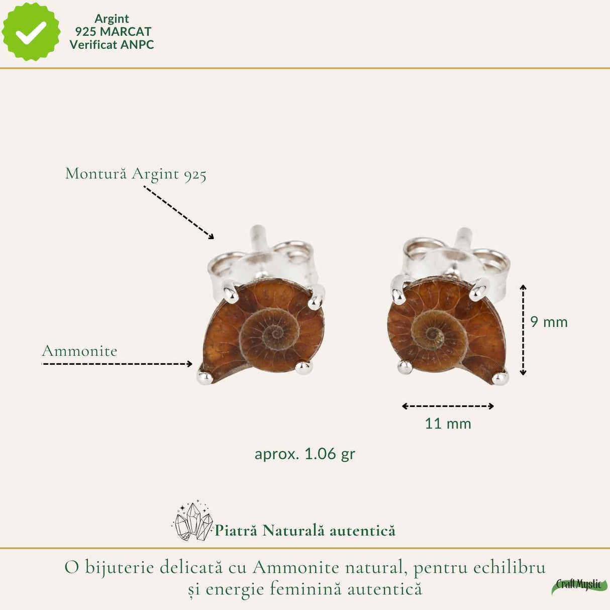 Cercei Argint 925 cu Amonit Natural in Forma de Melc – Echilibru si Evolutie