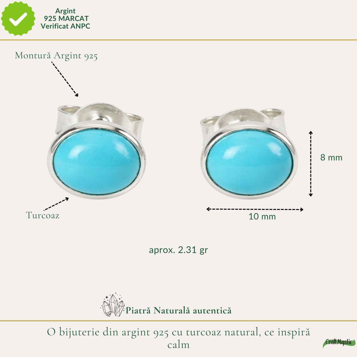 Cercei argint 925 cu turcoaz oval – calm si echilibru emotional