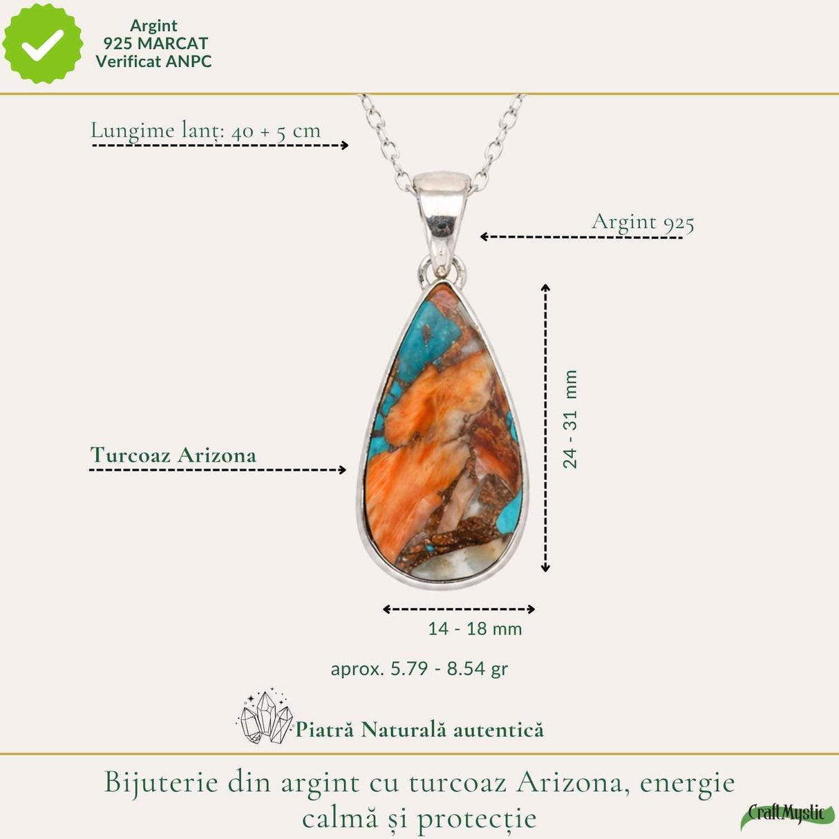 Colier argint 925 cu Turcoaz Arizona lacrima – Protectie si echilibru