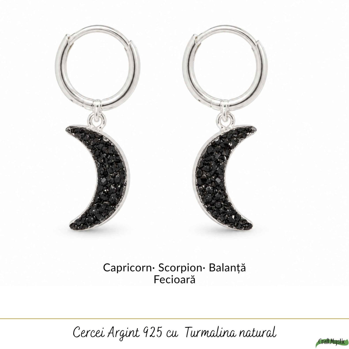 Cercei cu Turmalina Neagra Semiluna din Argint 925 – Protectie si Echilibru