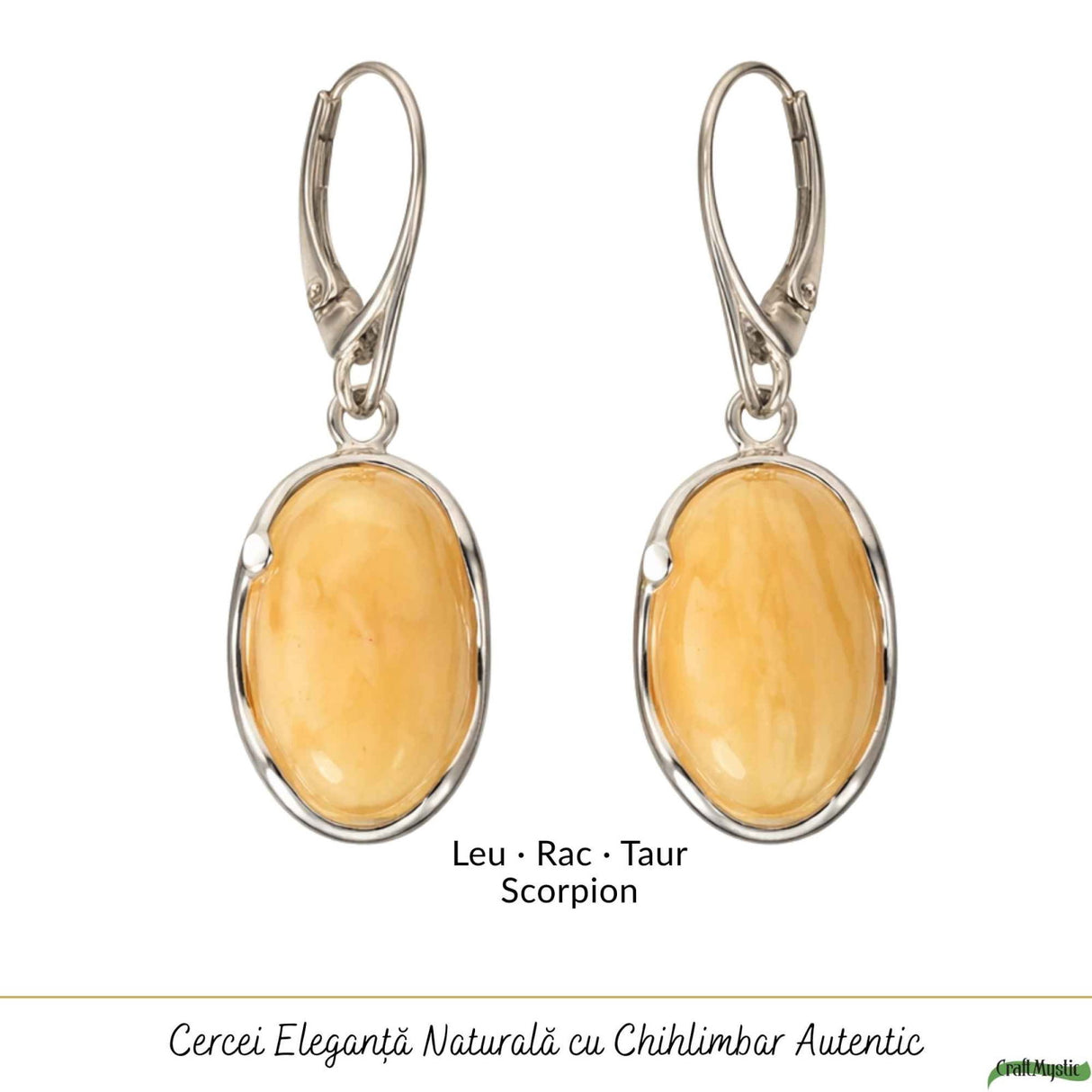 Cercei Argint 925 Ovali cu Chihlimbar Galben - Energie Calda si Eleganta Naturala