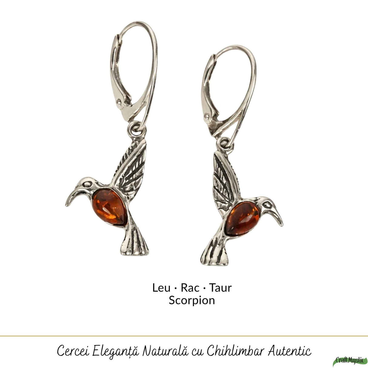 Cercei Argint 925 Pasarea Colibri cu Chihlimbar Rosu - Energie, Bucurie si Eleganta Naturala