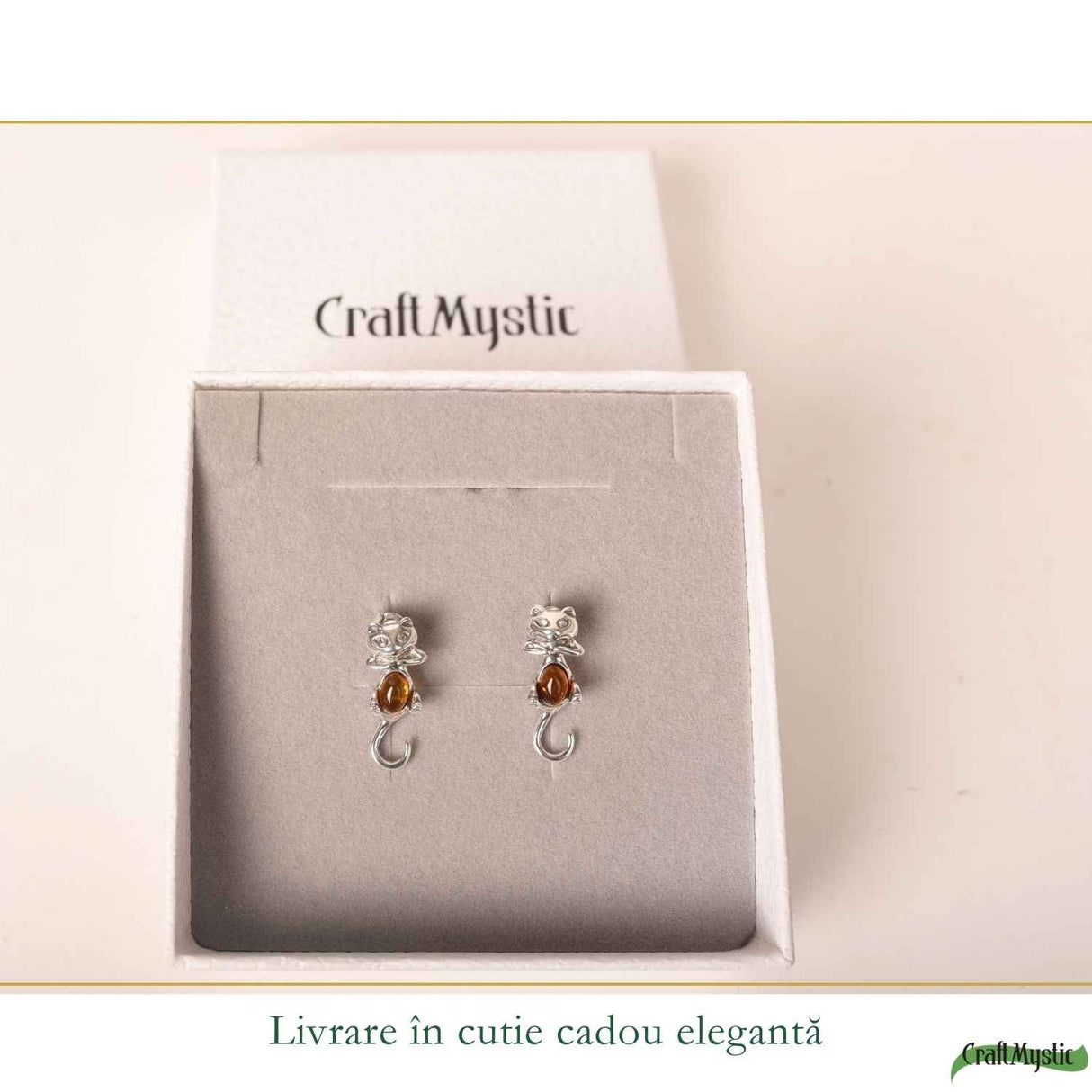 Cercei Argint 925 Pisica cu Chihlimbar - Protectie, Intuitie si Eleganta Delicata