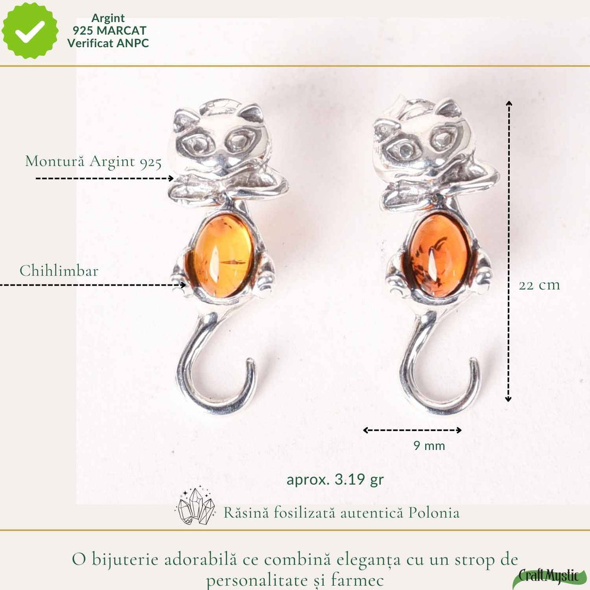 Cercei Argint 925 Pisica cu Chihlimbar - Protectie, Intuitie si Eleganta Delicata