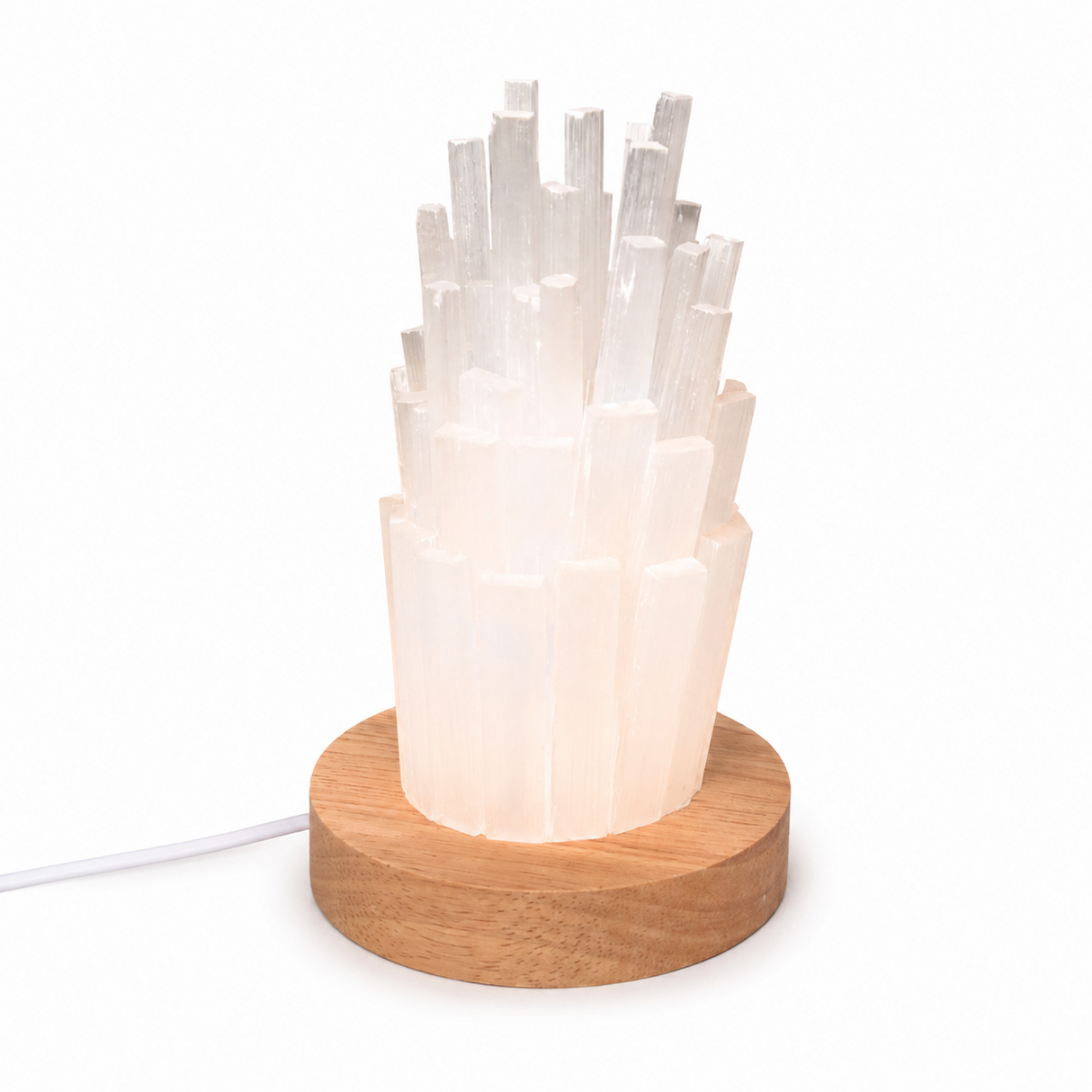 Lampa din Selenit Natural cu Baza din Lemn – Purificare, Liniste si Energie Pozitiva