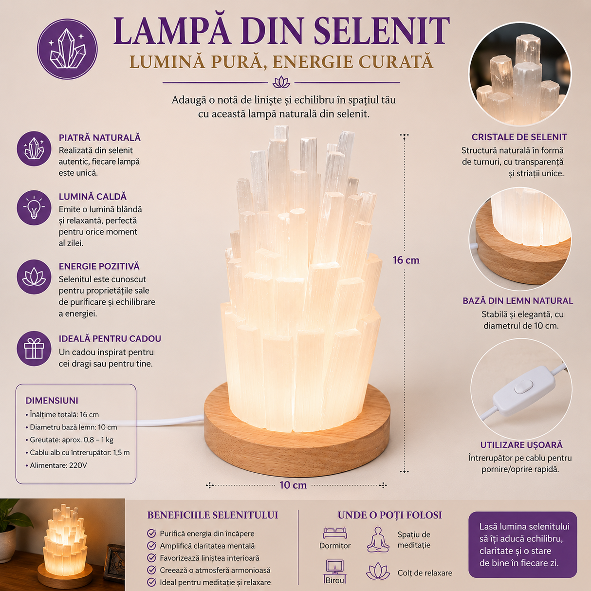 Lampa din Selenit Natural cu Baza din Lemn – Purificare, Liniste si Energie Pozitiva