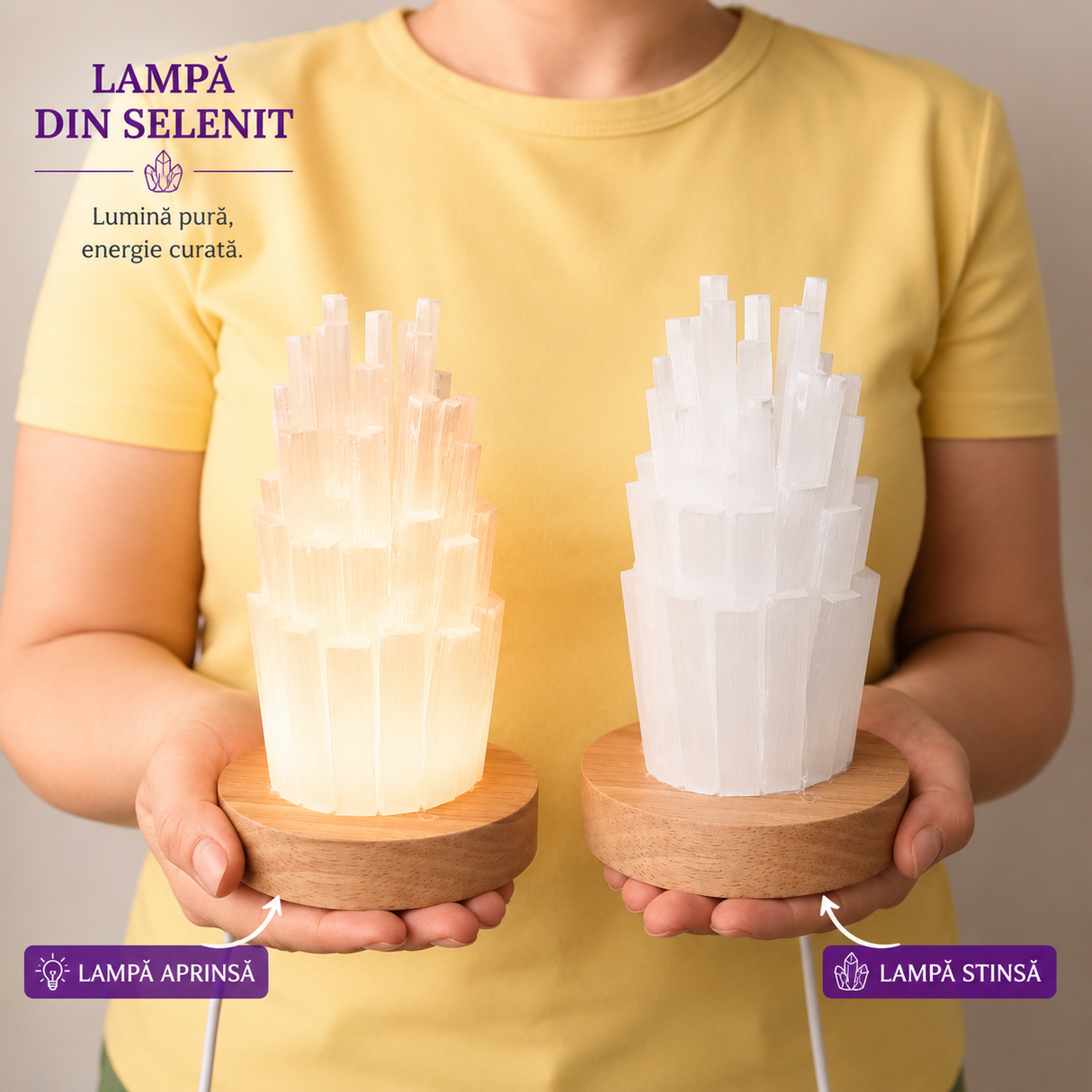 Lampa din Selenit Natural cu Baza din Lemn – Purificare, Liniste si Energie Pozitiva