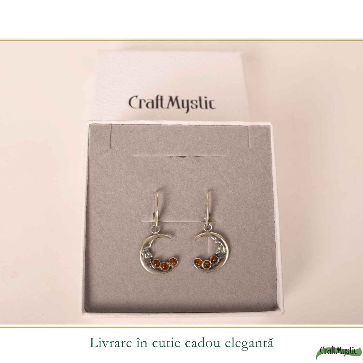 Cercei Argint 925 Semiluna cu Chihlimbar - Eleganta Mistica si Energie Calda